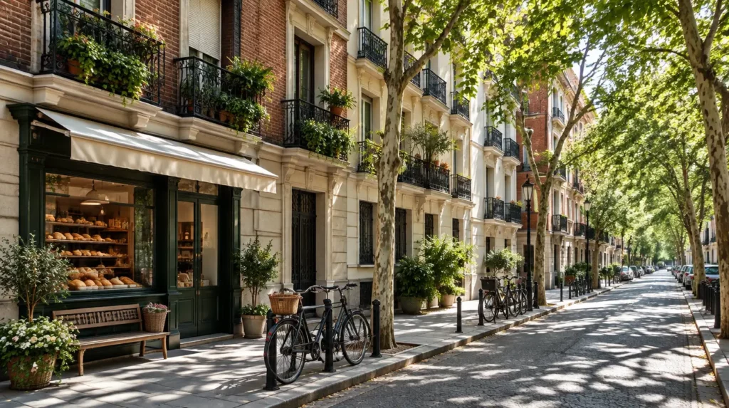 Mejores barrios para vivir en Madrid: calle residencial arbolada de Chamberí con balcones