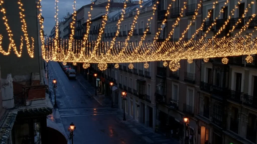 Luces de Navidad en Madrid sobre una calle del centro al anochecer
