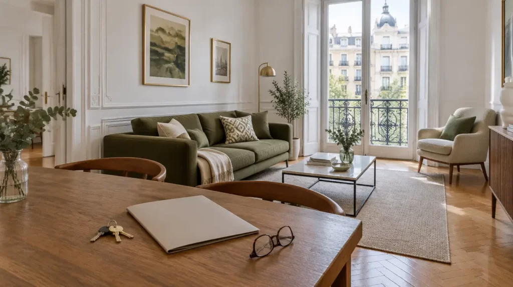 Plan RESIDE Madrid: salón de un apartamento en edificio clásico con llaves y carpeta sobre la mesa