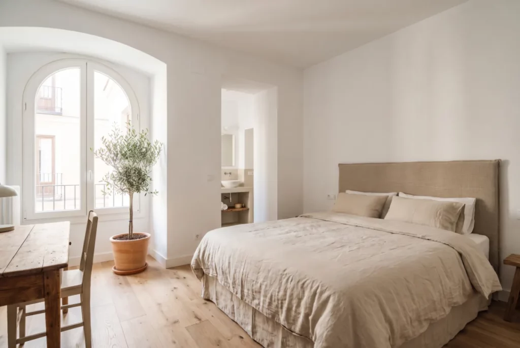 Habitación luminosa de un coliving en Madrid con cama, escritorio y ventana