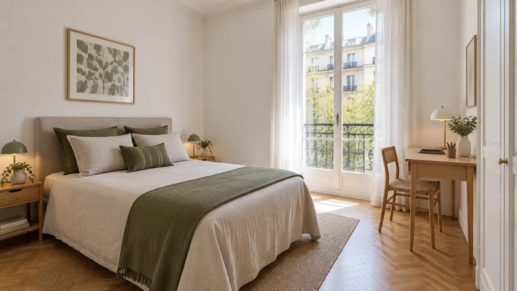 Habitación doble luminosa para alquilar en Madrid, con escritorio junto a un balcón de un edificio clásico de Chamberí