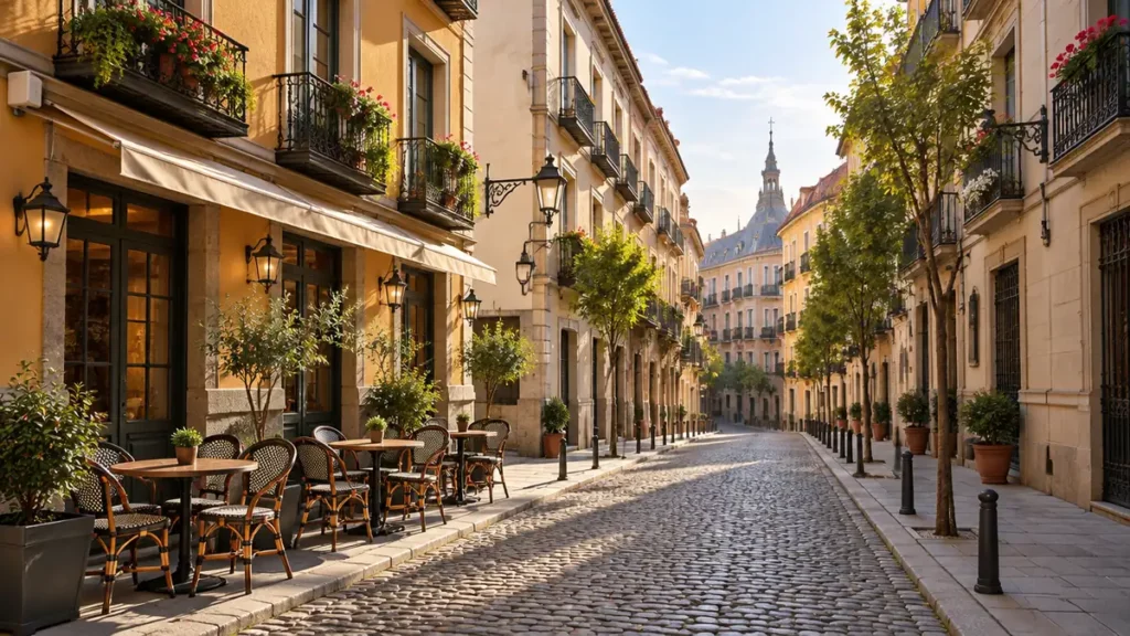 Calle empedrada del Barrio de las Letras de Madrid con balcones de hierro y una terraza a primera hora de la mañana