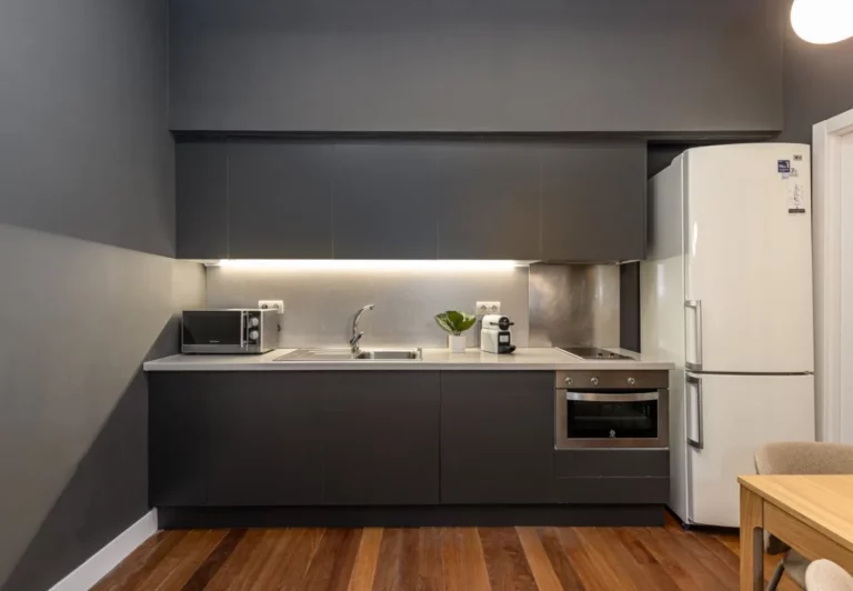 Cocina lineal con horno y microondas en el apartamento Queen's Las Letras I, Madrid