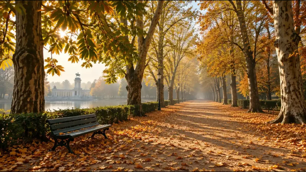 Paseo del Retiro cubierto de hojas en otoño, uno de los planes de qué hacer en Madrid en noviembre