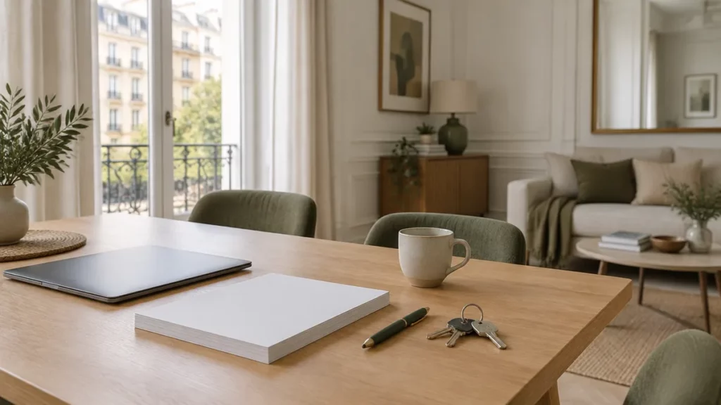 Mesa de un piso en Madrid con documentos, llaves y portátil, preparando el alquiler tras la anulación del registro único de arrendamientos